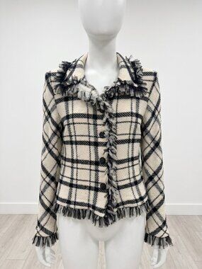Vintage St. John Collection Plaid Fringe Knit Blazer Jacket Black White Size 14